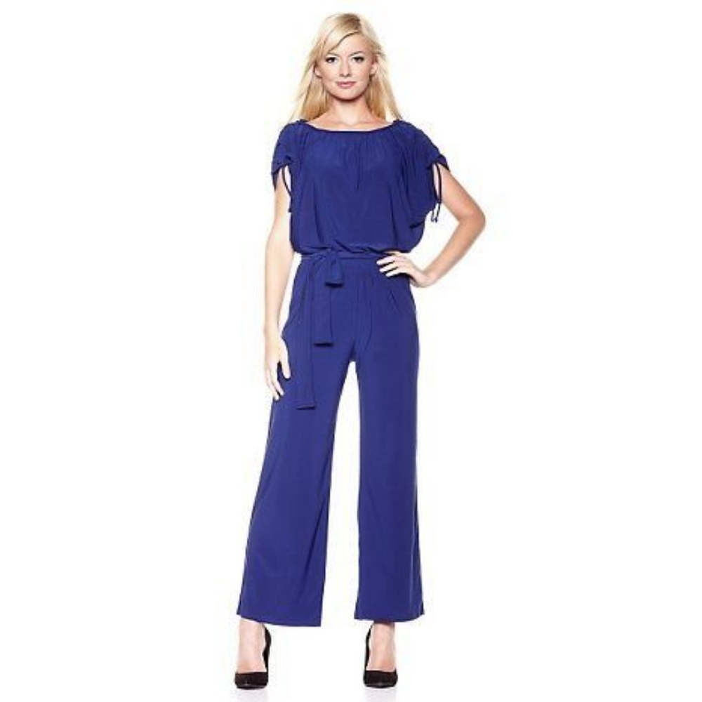 Blue Gathered Shoulder Short Sleeve Jumpsuit